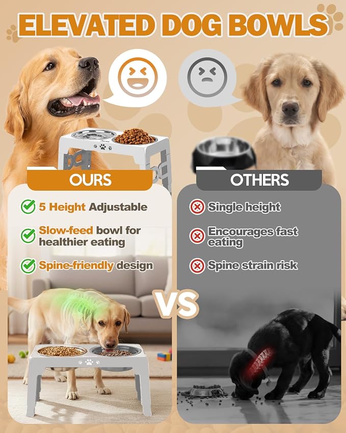 Jovrun Elevated Dog Bowls for Medium Large Size Dogs, Non-Slip Dog Feeder with 1*Stainless Steel Dishes & 1*Slow Feeder Bowl, 5 Heights Adjustable Raised Bowls to 3.15″-8.66″-9.84″-11.02″-12.2″ - Image 3