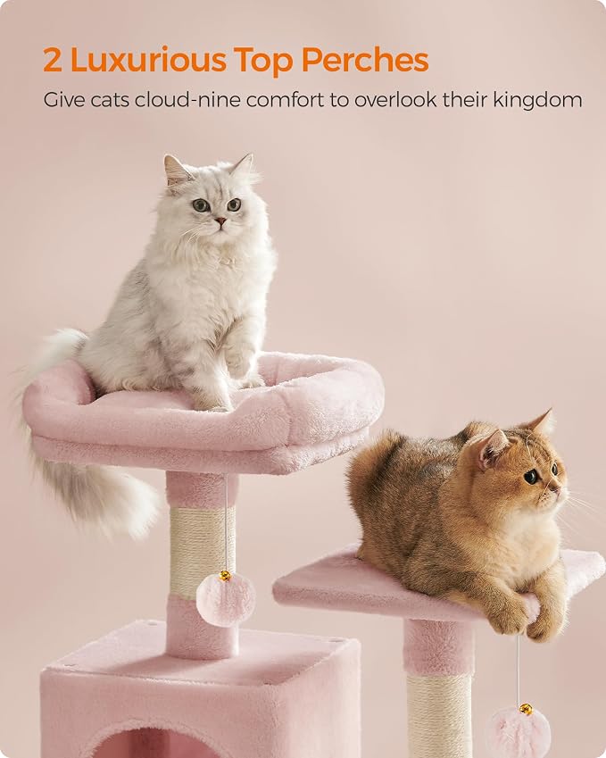 Feandrea Cat Tree, 59.5-Inch Tall Cat Tower, Multi-Level Condo, Jelly Pink | with 5 Scratching Posts, 2 Perches, 2 Caves, Hammock, 2 Pompoms, 2 Caves for Indoor Cats, Easy to Assemble, UPCT192P01 - Image 3