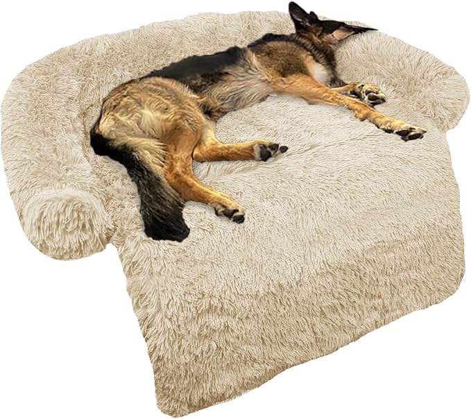 Calming Dog Bed Fluffy Plush Dog Mat for Furniture Protector with Removable Washable Cover for Large Medium Small Dogs and Cats (Large, Beige) by GGIB