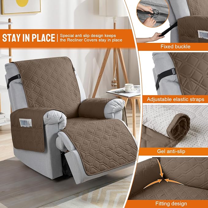 VANSOFY 100% Waterproof Recliner Chair Covers, Recliner Cover Non-Slip Dog Chair Cover Furniture Protector Washable Slipcover with Pocket, Elastic Straps for Pets, Dogs(Brown, 30") | Non-Slip, Slipcover with Pocket, Furniture Protector, Elastic Straps,... - Image 2
