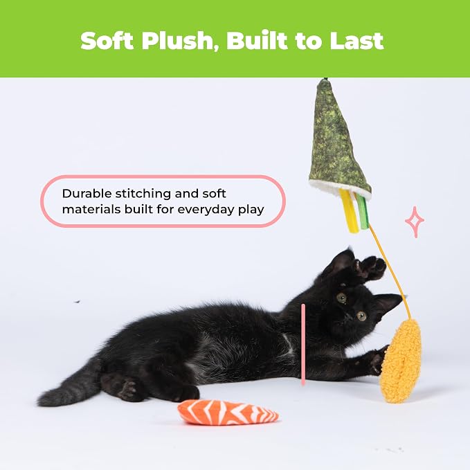 Best Pet Supplies Catify Interactive Cat Toy with Catnip - Sushi Rolls Set | Catnip Infused, Textured Tail and Crinkle Sounds, Soft Plush, Durable, For Indoor Cats & Kittens, Attaches to Wand, Pack of 3 - Image 4