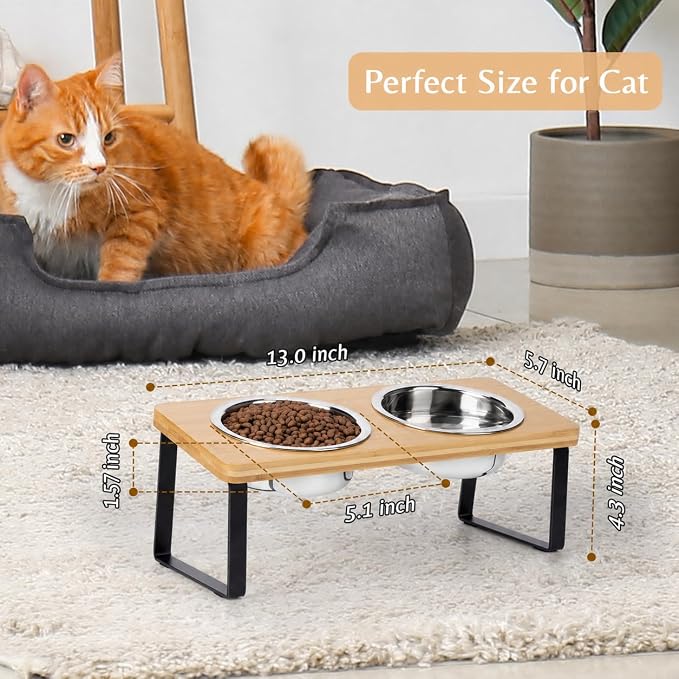 Elevated Cat Food Bowl for Indoor Cats, Raised Water Bowl Set for Kitten | Whisker Friendly, Anti Vomit, Easy Assembly, Bamboo, Dishwasher Safe, Stainless Steel, Pet Dish, Feeding Station for Puppy - Image 5