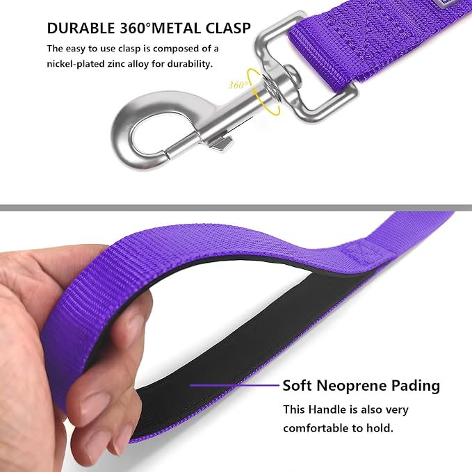 6 FT Reflective Dog Leash for Small Dogs,Purple | Padded Handle,Metal D-Ring,Heavy Duty Nylon Webbing, for Walking & Training - Image 4