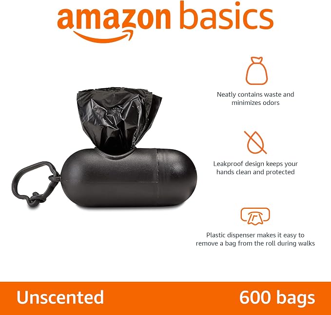 Amazon Basics Dog Poop Leak Proof Bags with Dispenser and Leash Clip, Unscented, 13" x 9", 600 Count - Image 2