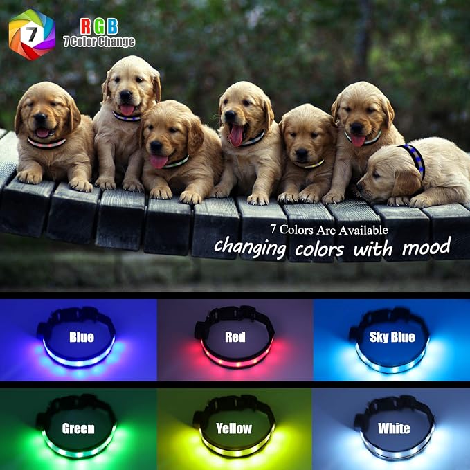 Light Up Dog Collar, Safety LED Dog Collars Rechargeable 7 Colors in One Lighted Dog Collar Glow in The Dark Dog Walking Light, Neon Durable Nylon Adjustable Buckle for Small/Medium/Large Dogs, M Size - Image 8
