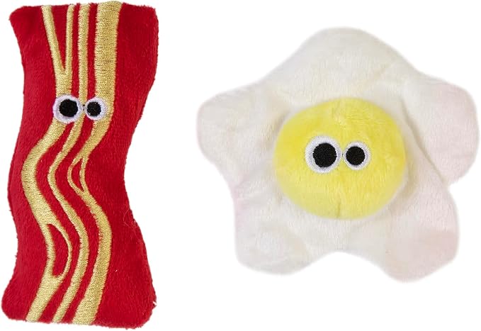 Mad Cat Brunch Buddies Bacon N' Eggs Catnip & Silvervine Cat Toy, 2 Pack | Encourages batting, pouncing and chasing, cute breakfast food themed design, engaging solo play for felines at any playtime - Image 2