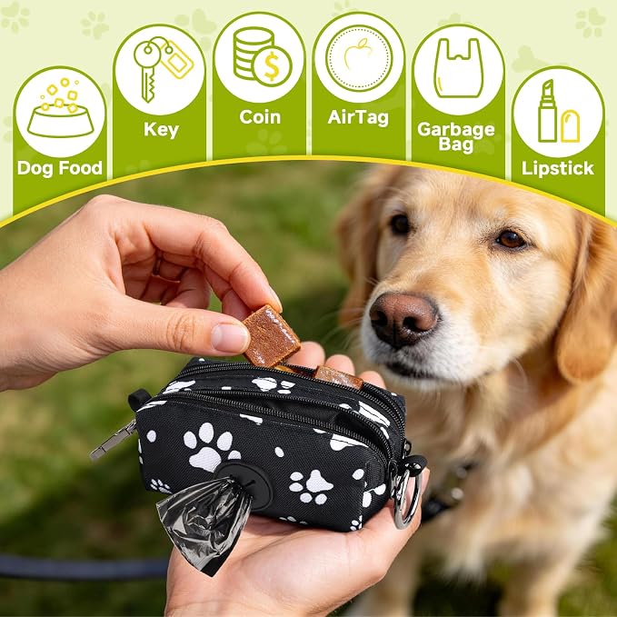 Dog Poop Bag Holder for Leashes 2 Zipper Pockets Black 1 Pack | Lightweight, Pet Waste Bag Dispenser, Treat Pouch, Clip-On, Paw Print - Image 3