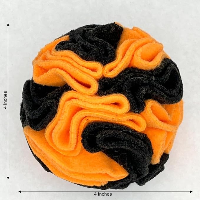 Glory To Dog Puppy/Small Breed Snuffle Dog Puzzle Ball Toy Orange and Black | Halloween Interactive fleece snuffleball hides treats at variable depths. Puzzle engages smell & foraging. Machine wash 4" - Image 4