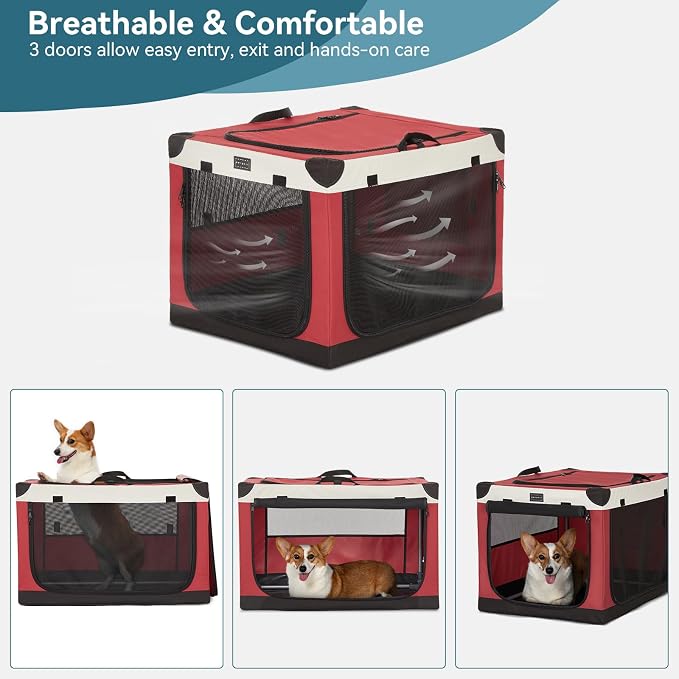 PETSFIT 30" Soft Portable Dog Crate – Patented Spiral Sturdy Frame, Collapsible Travel Kennel for Medium Dogs, 3 Mesh Door, Lockable Zippers, Indoor & Car Use Red - Image 7