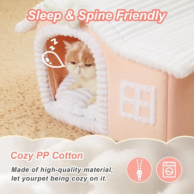 Rabbit Cat Houses for Indoor Cats, Chimney Cute Cat Bed Cave, Enough Interior Space, Cartoon Soft Pet House Up to 3-10 lbs Kitten, Pink - Image 3