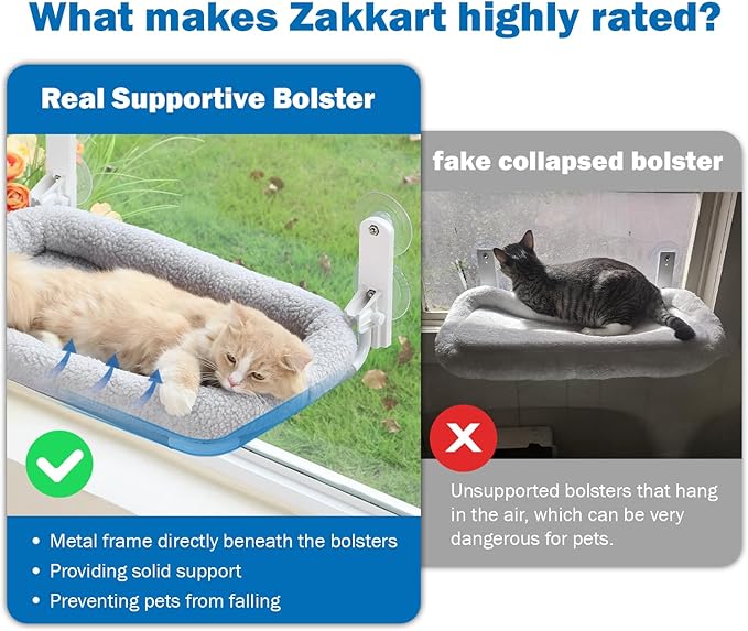 Zakkart Foldable Cat Hammock for Window - Cordless, Embeded Machine Washable Bed, Robust Metal Frame - Cat Window Perch for Large Cats and Kittens (Gray Bolster Bed, Large) - Image 2