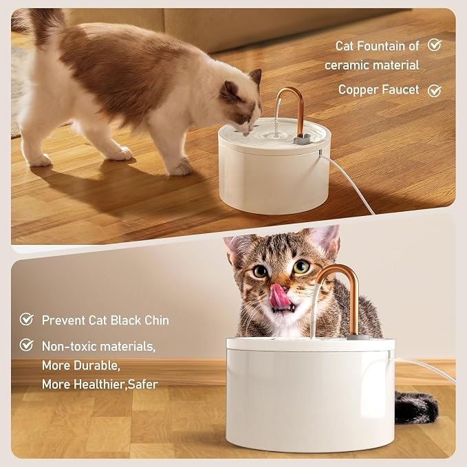 DOOOB Ceramic Cat Water Fountain, 2.1L/71oz Ceramic Cat Fountain | Automatic Ceramic Water Fountain for Cats, Pet Water Fountain with Ultra-Quiet Pump and 3 Filters & 3 Sponges (White) - Image 4