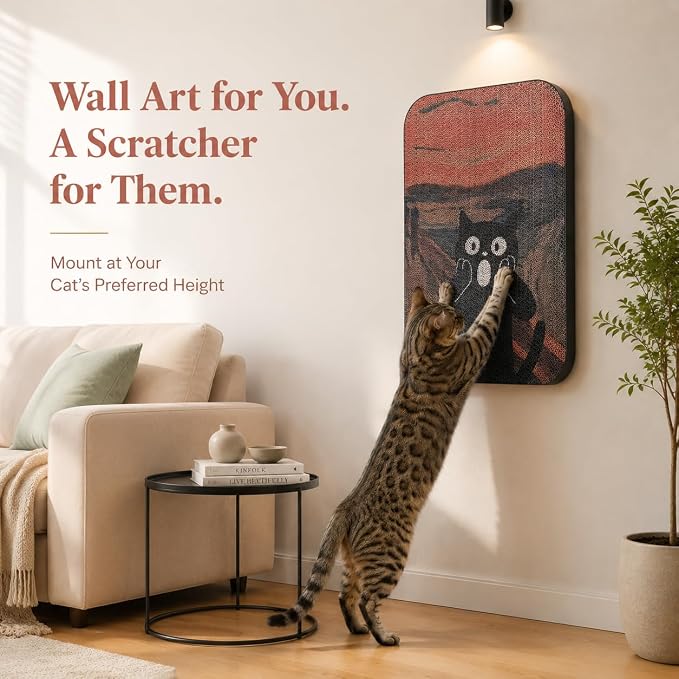 2 Pack Cat Wall Scratcher, Art Cat Scratching Board for Cats | Wall Mounted Cat Scratch Pad, Water-Based Ink, Hook&Loop Strips, Floor or Wall Use, 16.7x11x1 Inch, Goldfish & Scream - Image 7