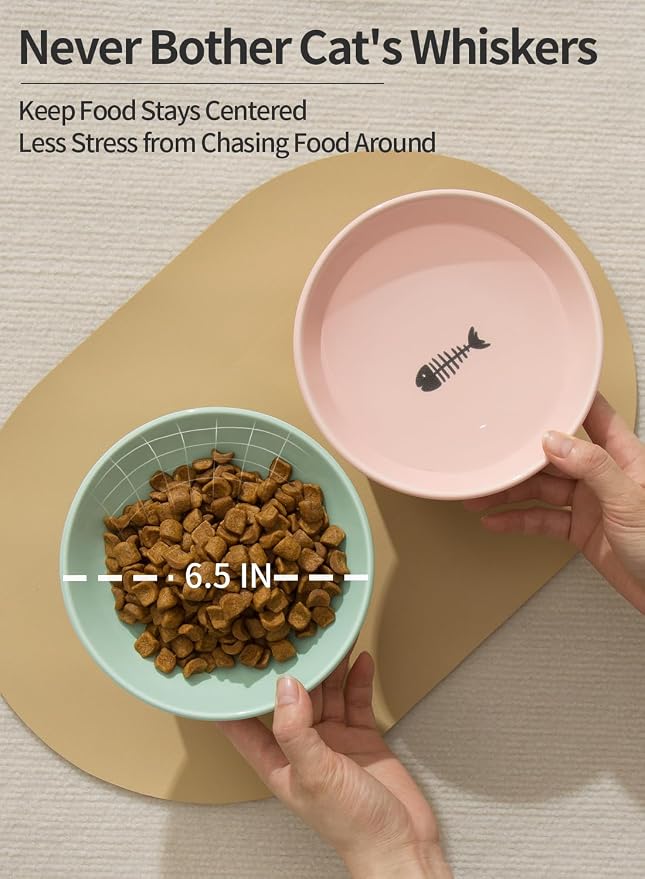 6.5 Inch Extra Wide Ceramic Elevated Cat Bowls, Raised Pet Bowl Set | Whisker Fatigue, for Elder Big Cats Small Dogs, Set of 2, Green & Pink - Image 5