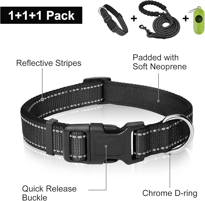 Dynmeow Reflective Dog Collar and Leash Set for Puppy Small Dogs, Black | Soft Neoprene Padded, 6FT Climbing Rope, Ideal for Daily Outdoor Walking or Indoor Wearing, Night Visible for Safety - Image 2