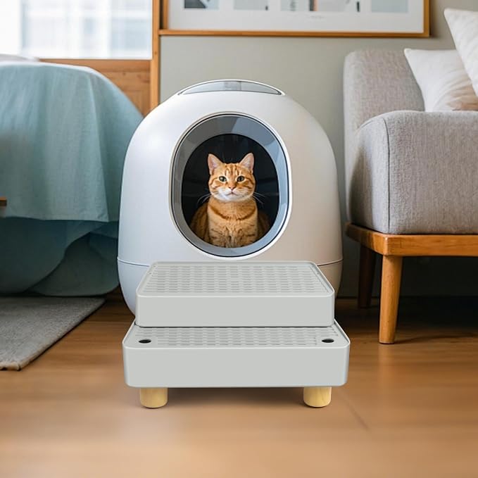 Extra Large 2 Steps Cat Litter Box Step Ramp, Cat Litter Catcher Mat with Wooden Feet, Filter Function, Cat's Pedal Stool for Self-Cleaning Litter, Suitable Kitten & Elderly Cats (Light Grey) - Image 8