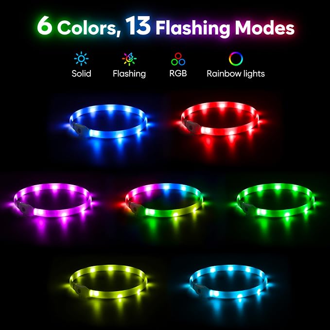 HIGO RGB LED Dog Collar Light - USB Rechargeable Light Up Dog Collars, Safety LED Dog Necklace for Your Dogs Walking at Night (Multi-Color) - Image 2