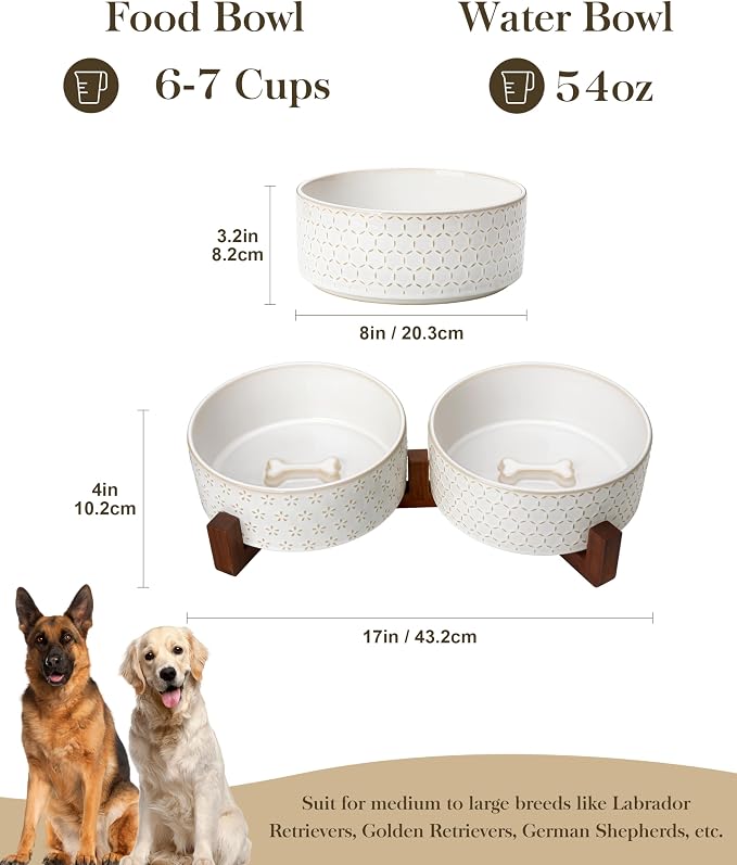 MALACASA Dog Bowl Set, Ceramic Bowls with Walnut Wood Stand, 6 Cups | Five-Leaf Grass and Honeycomb Design, Non-Slip Base, for Dogs, About 26% Heavier than Similar Ceramic Bowls - Image 2