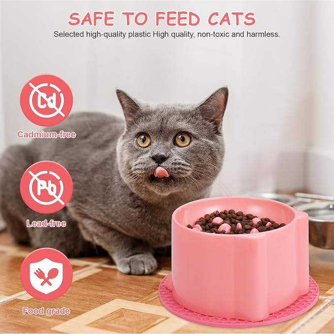 2 Pcs Raised Slow Feeder Cat Bowl, Plastic Elevated Cat Slow Feeder Bowl with Anti-Skid Mat, Raised Slow Cat Feeder for Dry and Wet Food (Green＆Pink) - Image 6