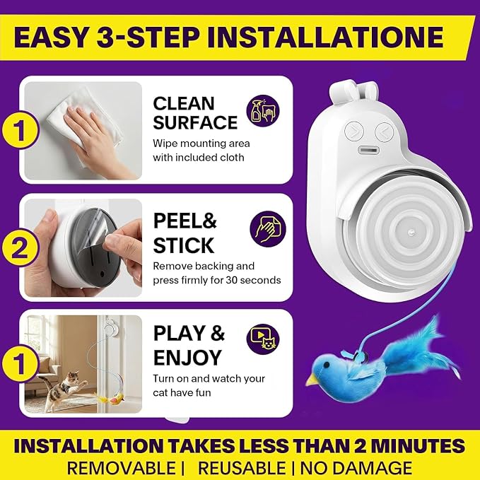 Automatic Interactive Cat Toys, Door Flying Feather Bird & Mouse for Kitten | CATPICK Electric Rechargeable Door Frame Hanging Play Chase Exercise Moving Enrichment Toy for Bored Adult Cats, White - Image 5