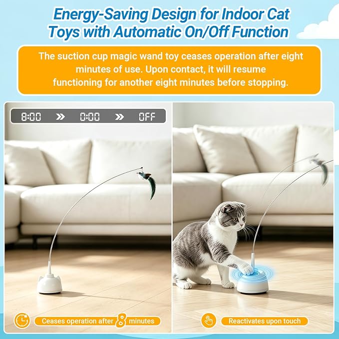 Interactive Cat Toys for Indoor Cats Toy Wand 360° Flying Bird Cat Toy | 2 Speed Adjustable Flying Bird Cat Toy Automatic Cats Toys with Self ON/OFF Feather Toy Suction Cup Electric Cat Teaser Wand - Image 5