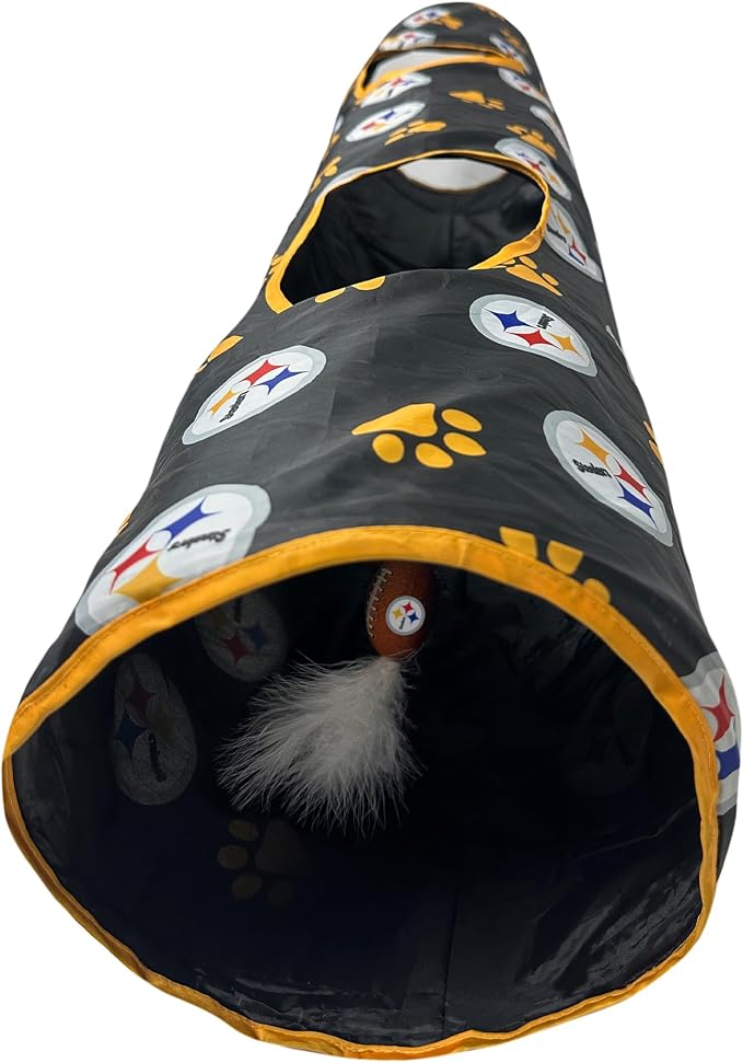 NFL Pittsburgh Steelers Cat Tunnel Tube Toy with Plush Football Catnip and Feathers Collapsible Tunnel for Cats to Play, Peek and Hide, Sporty & Fun Cat Tunnel Toy with Team Logo All-Over Design! - Image 3