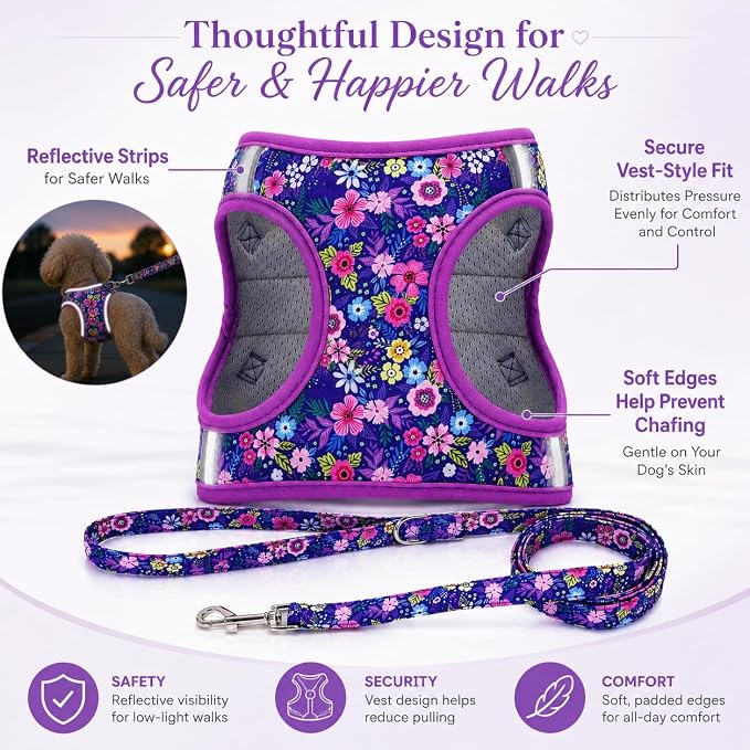 Step in Dog Harness Leash Set- All Weather Reflective No-Pull Floral Pattern Padded Mesh Vest Harness for Cats Puppy Extra-Small Small Medium Large Dogs - Dark Flower - L - Image 6