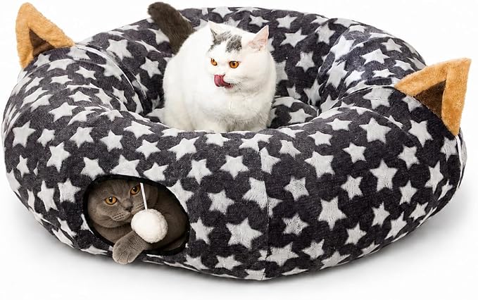 Large Cat Tunnel Bed Under Christmas Tree with Fluffy Toy Balls, Small Cushion and Flexible Design- 10 inch Diameter, 3 ft Length- Great for Cats, and Small Dogs, Gray Star Pattern by MAKEPETLUCKY-WelcometoCatTunnelClub