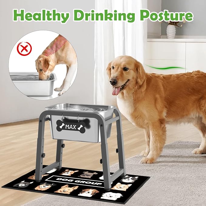 1.85 Gallon Elevated Dog Water Bowl, Height Adjustable (10.4–15.2'') Raised Stainless Steel Bowl with Spill-Proof Mat & Sturdy Metal Stand, Tip-Proof, Easy to Clean, Indoor & Outdoor Use - Image 2