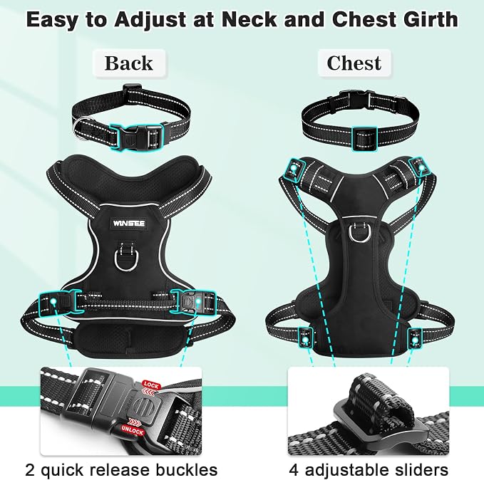 Dog Harness No Pull, Pet Harnesses with Dog Collar, Adjustable Reflective Oxford Outdoor Vest, Front/Back Leash Clips for Small, Medium, Large, Extra Large Dogs, Easy Control Handle for Walking - Image 5