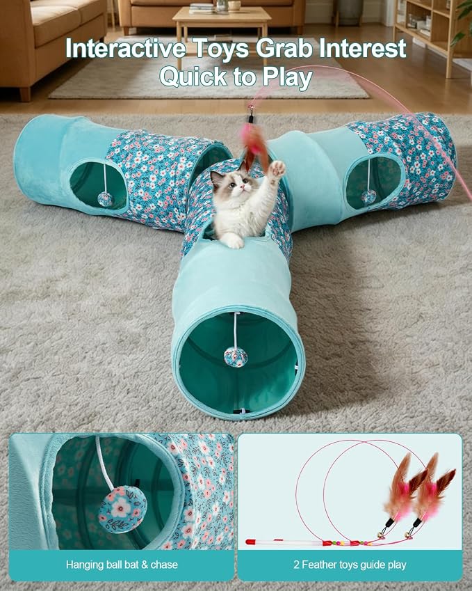 Cat Tunnel, 3 Straight Shaped Tunnels 6 DIY Shapes with Wand Toys, No Noise Scratch Resistant Cool Linen Fabric, Interactive Pet Tunnel Tube for Indoor Cats, Puppy and Rabbits - Image 4