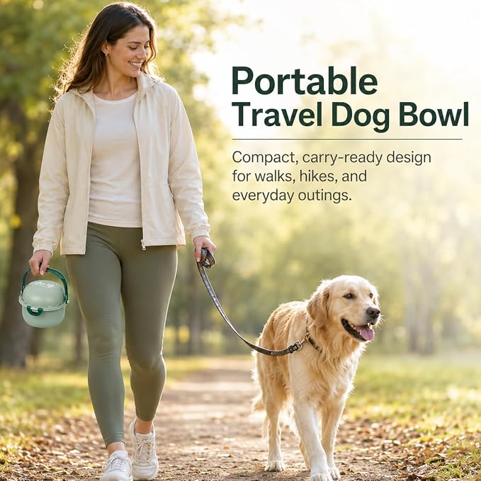 Travel Pet Bowl, Portable Dog and Cat Food & Water Bowl with Handle - Non-Slip, Easy to Clean, Made with Food Grade Plastic & 18/8 Stainless Steel for On-The-Go Pets (Sage Green) - Image 2