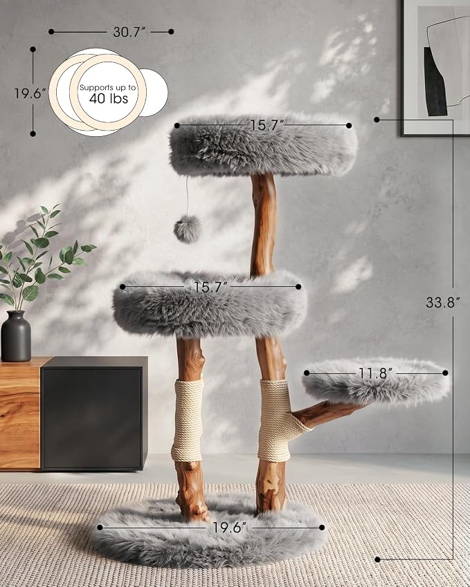 Pear Wood Branch Cat Tree, Cat Tower with Premium Faux Fur Plush | Cat Tree, Solid Pear Wood Real Branch, Deep Plush Cushions, 40 lbs Support, 3 Platforms, Natural Sisal, Modern Cat Tower - Image 6