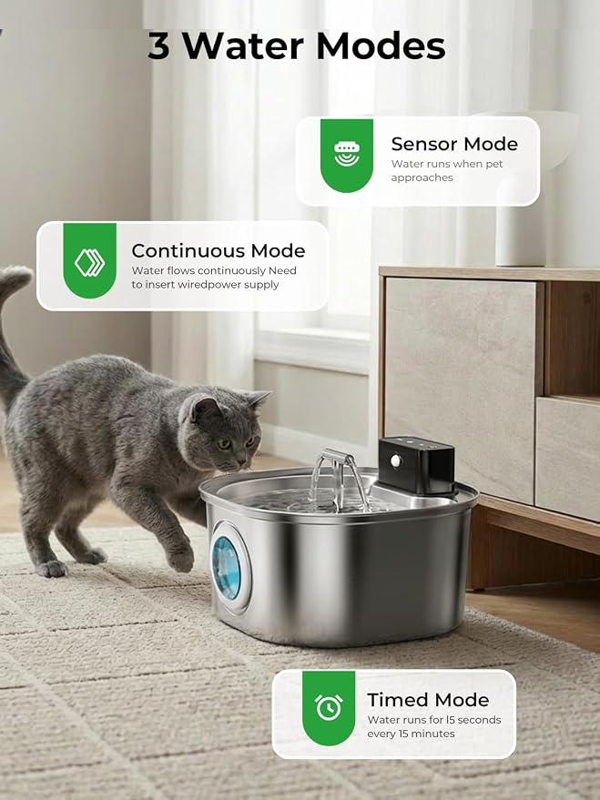 Voluas Stainless Steel Cat Water Fountain, Wireless, 108oz/3.2L, 4Filter | Cordless Design, T-Shaped Dual Water Outlet, Ultra-Quiet Pump, BPA-Free - Image 3