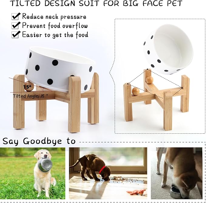 Petygooing Elevated/Raised 15°Slanted Ceramic Dog Bowl for Small and Medium Breeds, Tilted Anti Slip Pet Feeding Bowl,Food Water Dish with Stand for Cats and Dogs (28 OZ/3.6 Cups) Black Dot - Image 5