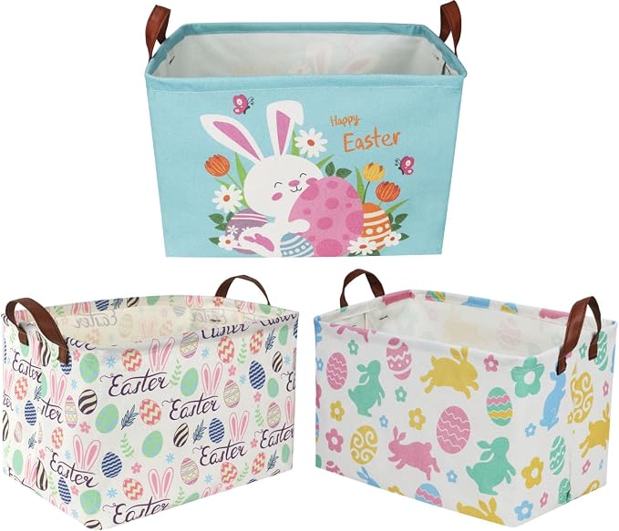 Sanjiaofeng Rectangular3Pack Easter baskets , Kids Easter Storage Bins Organizer.Boys and Girls,Easter Bunny Eggs Decor,Toys,Books,Easter Gifts . (3Pack Easter) by Sanjiaofen