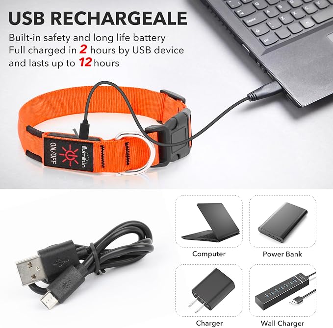 Illumifun LED Dog Collar, Adjustable Light Up Dog Collars, USB Rechargeable Water-Resistant Glowing Safety Collar Light (Orange, Small) - Image 4