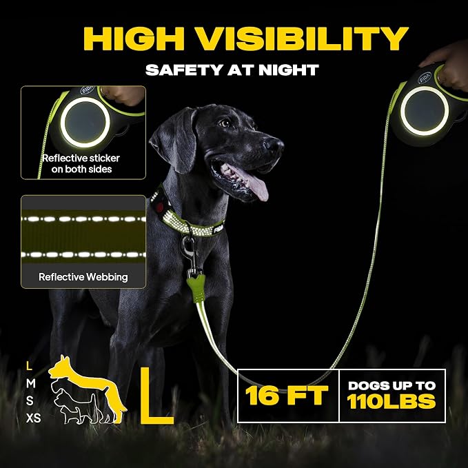 Fida Retractable Dog Leash, Reflective 16ft Heavy Duty Pet Walking Leash for Medium/Large Dog up to 110 lbs, Tangle Free. One-Hand Brake (Large, Neon Yellow) - Image 2
