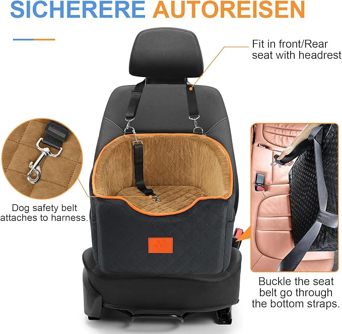 XIEEAOZEE Dog Car Seat for Small/Medium Dogs & Cats Under 35 lbs | Memory Foam Booster Dog Seat, Travel Safety Pet Car Seat with Washable Removable Cover, Storage Pockets (Black/Brown) - Image 3