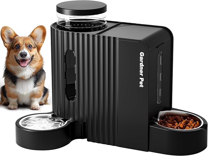 Automatic Gravity Pet Feeder, 1.8 Gallons*2 Dog Feeder and Water Dispenser Set, 2-in-1 Automatic 100% BPA-Free Feeder and Stainless Steel Water Dispenser for Dogs, Cats, Rabbits, Puppies (Black) by GardnerPet