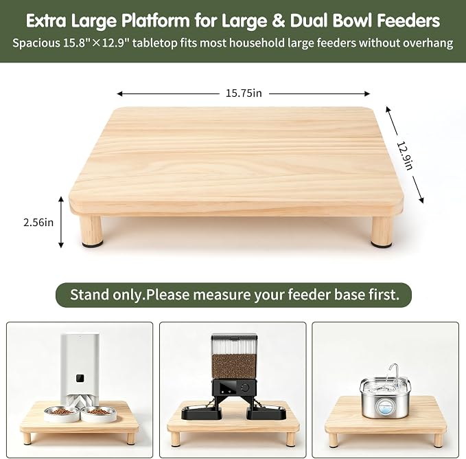 Extra Large Cat Food Stand, Wood Cat Feeder Stand 15.8 x 12.9 in | Cat Feeding Station, 2.56 in Raised Platform, Dual-Bowl Feeder & Water Dispenser Fit, Solid Wood, Tool-Free Assembly - Image 2