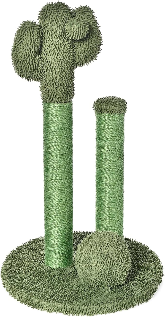 Amazon Basics Sisal Cat Scratching Post, Indoor Cactus Triple Posts for Cats & Kittens with Dangling Ball, Small, 22.4"H, Green by AmazonBasics