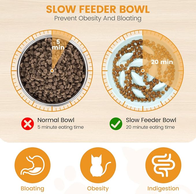 PETTOM Slow Feeder Cat Bowl with Stand, Ceramic Slow Eating Cat Bowl with Higher Edges Fish Pool Design Elevated Food Bowls for Dry and Wet Food Anti-Vomiting Puzzle Feeder for Healthy Eating Diet - Image 2