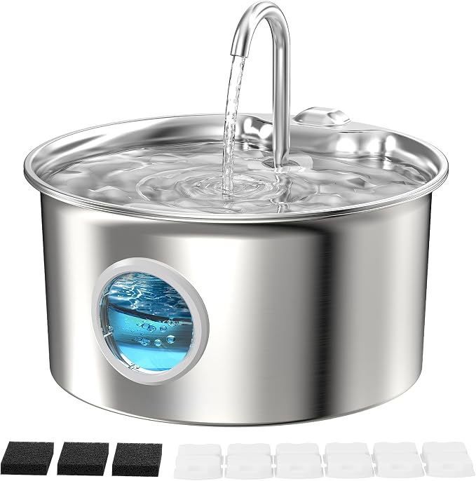 Stainless Steel Cat Water Fountain: Cat Fountain with 6 Filters + 3 Sponges - 88oz/2.6L Pet Water Fountain for Cats Inside - Silent Cats Water Bowl Dispenser - ATMZIQXR Kitty Drinking Fountains by ATMZIQXR