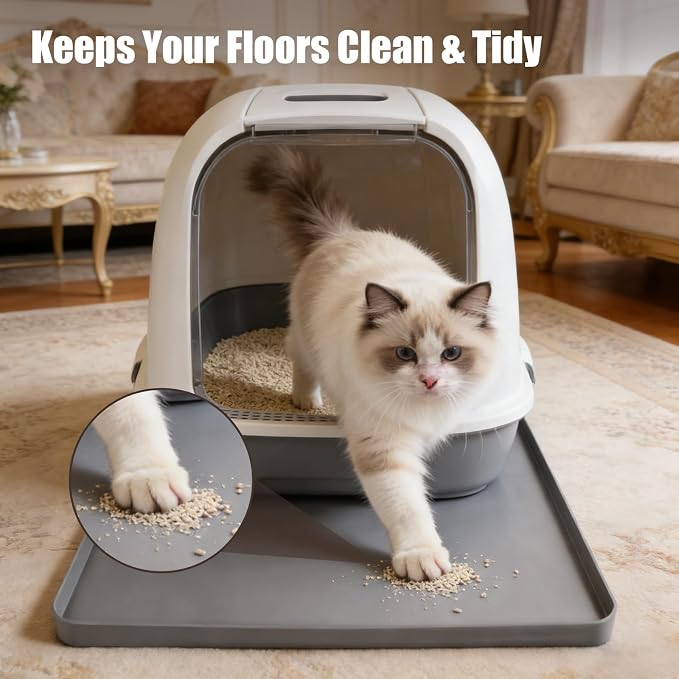 Silicone Cat Litter Mat 24x20 in Waterproof Litter Box Mat Leak-Proof Thick Under Kitty Litter Box Feeding Tray with Raised Edges for Floor Carpet, Grey - Image 2