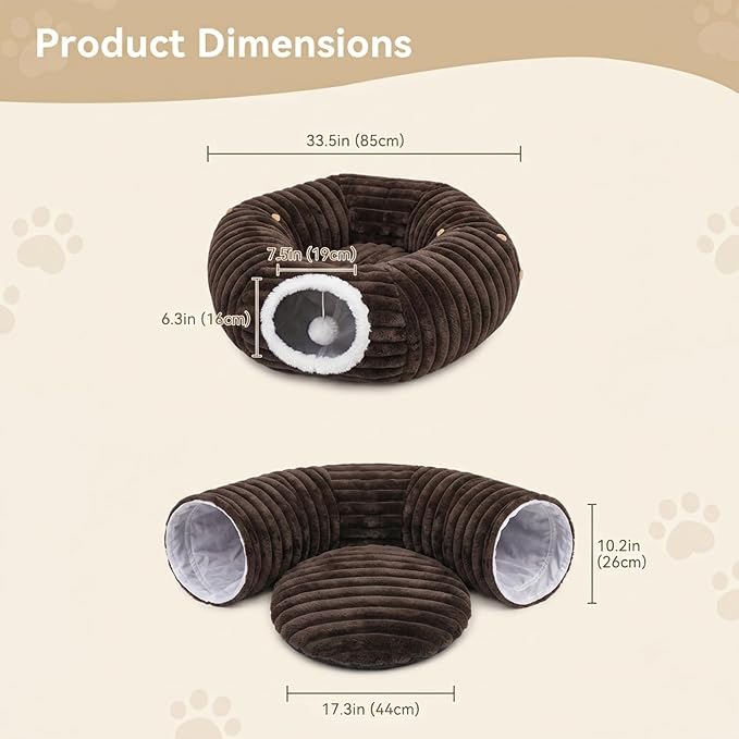 Dogpals Cat Tunnel Bed Cave 33" Lx10 Wx10 H for Indoor Cats (Coffee) | Washable Cozy Cushion, Soft Striped Plush Fabric, Hideaway Peekaboo Cave for Kittens, Puppies, Rabbits & Small Pets - Image 6