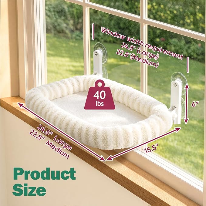 Zakkart Mellow Foldable Cat Window Perch, Upgraded Suction Cups (Beige, M) | Curtain-Friendly, Dual-Fabric Striped Machine Washable Bed, Heavy Duty ABS & Metal Frame, Hold up to 40 lbs., 22.8"W x 15.5"D - Image 6