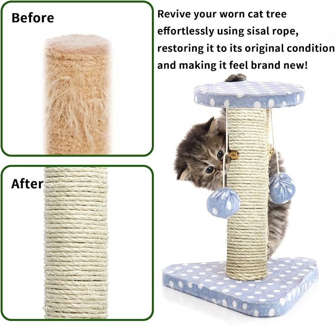 Natural Sisal Rope 1/4 Inch 32-Feet for Cat Tree Tower Repair and Replace Scratching Post, DIY Hemp Twine Rope for Cat Scratching Furniture Window Perch and Crafts Gardening Home Decorating - Image 6