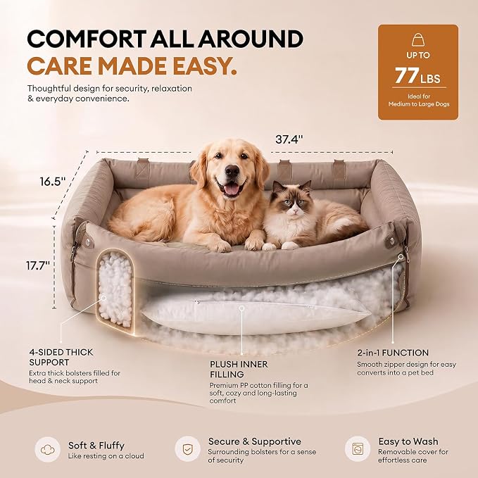 FUNNY FUZZY Leather Dog Car Seat for Large Size Dogs, Pet Booster Car Seats | Waterproof Car Seat with Safety Clip-On Leash, Soft Fabric Car Dog Bed Filling Memory Cotton, Washable Travel Pet Bed(Khaki) - Image 6