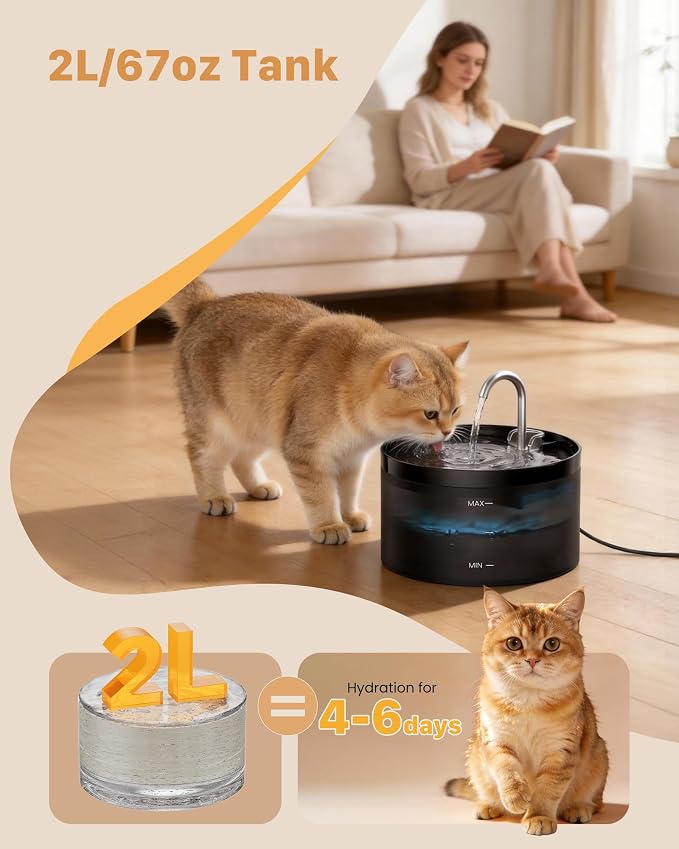Cat Water Fountain Pet Fountain: 67oz/2L Cat Water Dispenser - Black Pet Dispenser - Faucet Dog Bowl - with 6 Filters + 3 Sponges - GIOTOHUN - Image 7